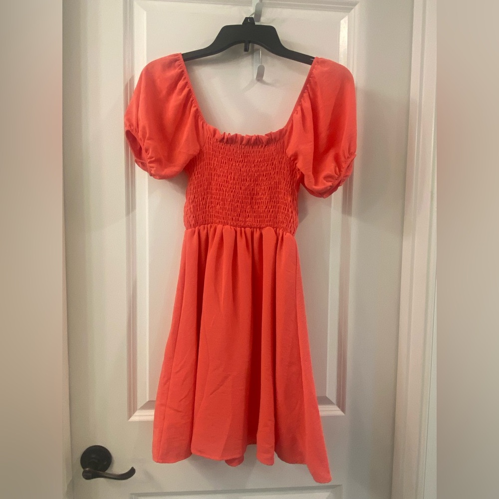 Altar'd State Smocked Puff Sleeve Babydoll Mini Dress - Coral / Red - Size XS - Picture 3 of 4